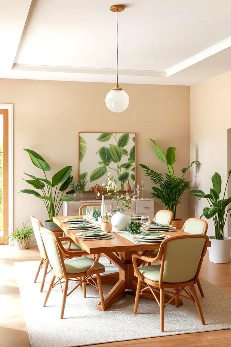 Warm Beige and Soft Green for a Natural Vibe - 24 Neutral Dining Room Ideas