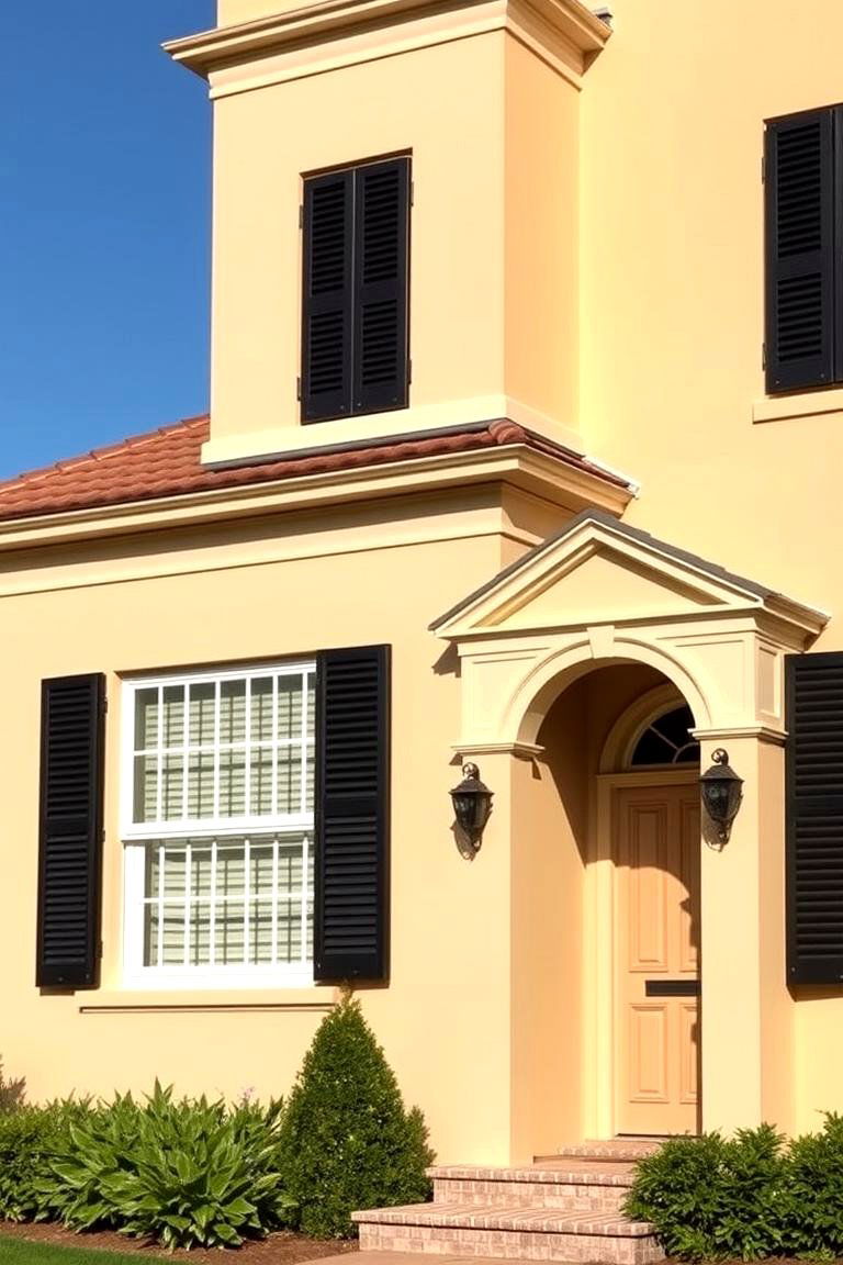 Warm Beige with Deep Black Shutters - 24 beige and black house exterior ideas