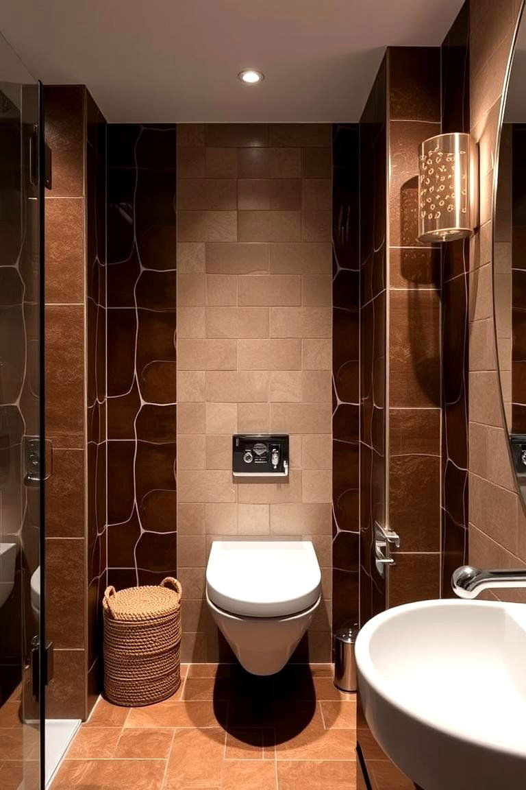 Warm Brown Leather Accents with White Ceramic Details - 24 Brown and White Bathroom Ideas