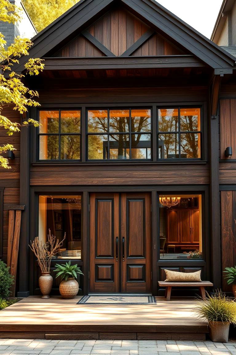 Warm Dark Brown with Natural Wood Elements - 24 Dark Brown House Exterior Ideas