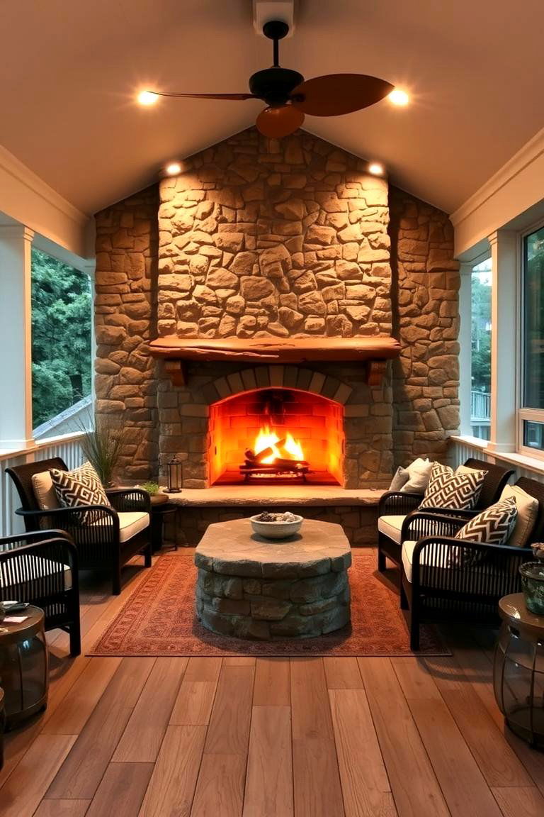 Warm Fireplace Gathering Space - 24 Three Season Porch Ideas