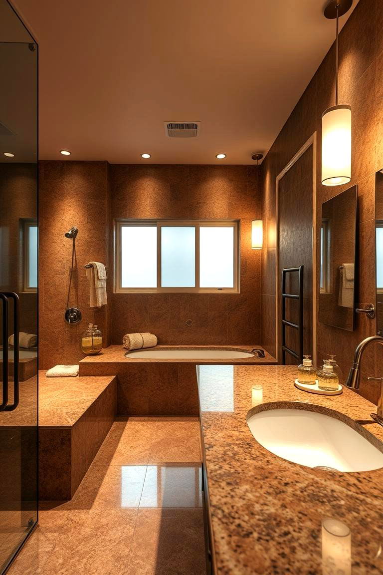 Warm Granite with Ambient Lighting - 24 Brown Granite Bathroom Ideas