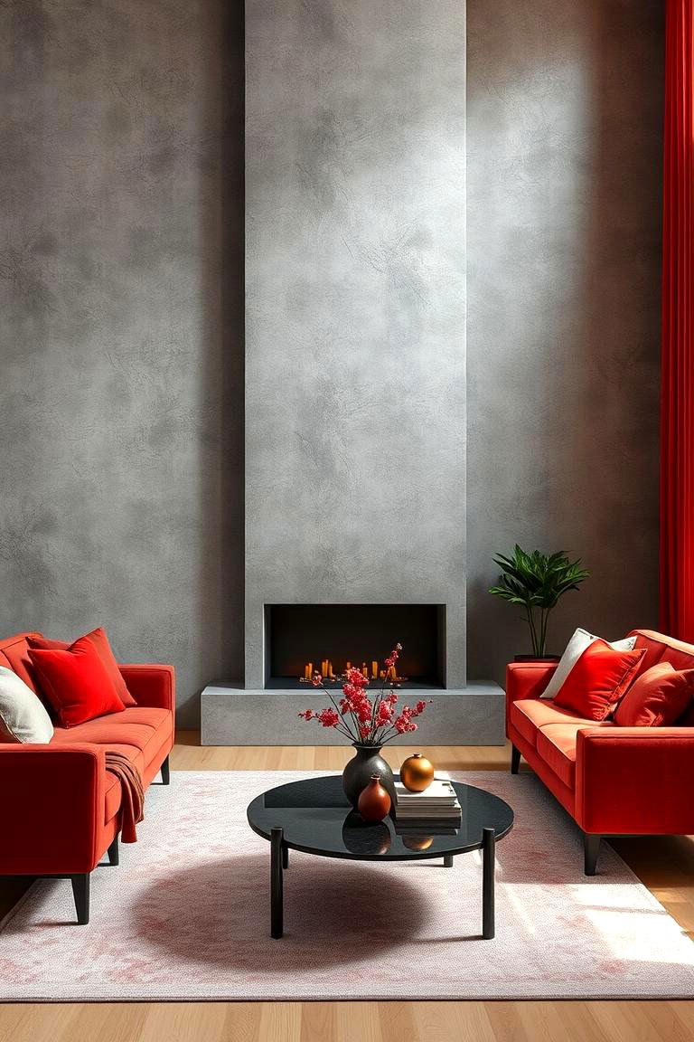 Warm Grey Textured Walls with Red Highlights - 24 Red and Grey Living Room Ideas