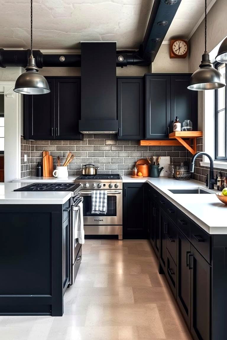 Warm Industrial Accents - 24 Black Kitchen Cabinets With White Countertops