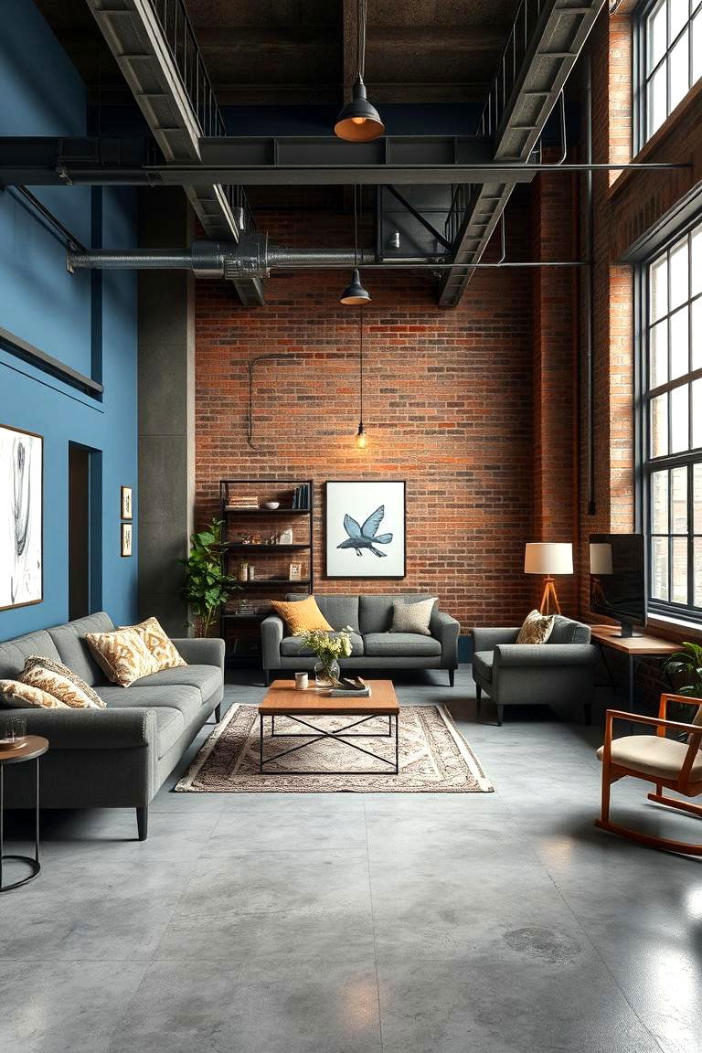 Warm Industrial Loft - 24 grey floor living room with blue walls ideas