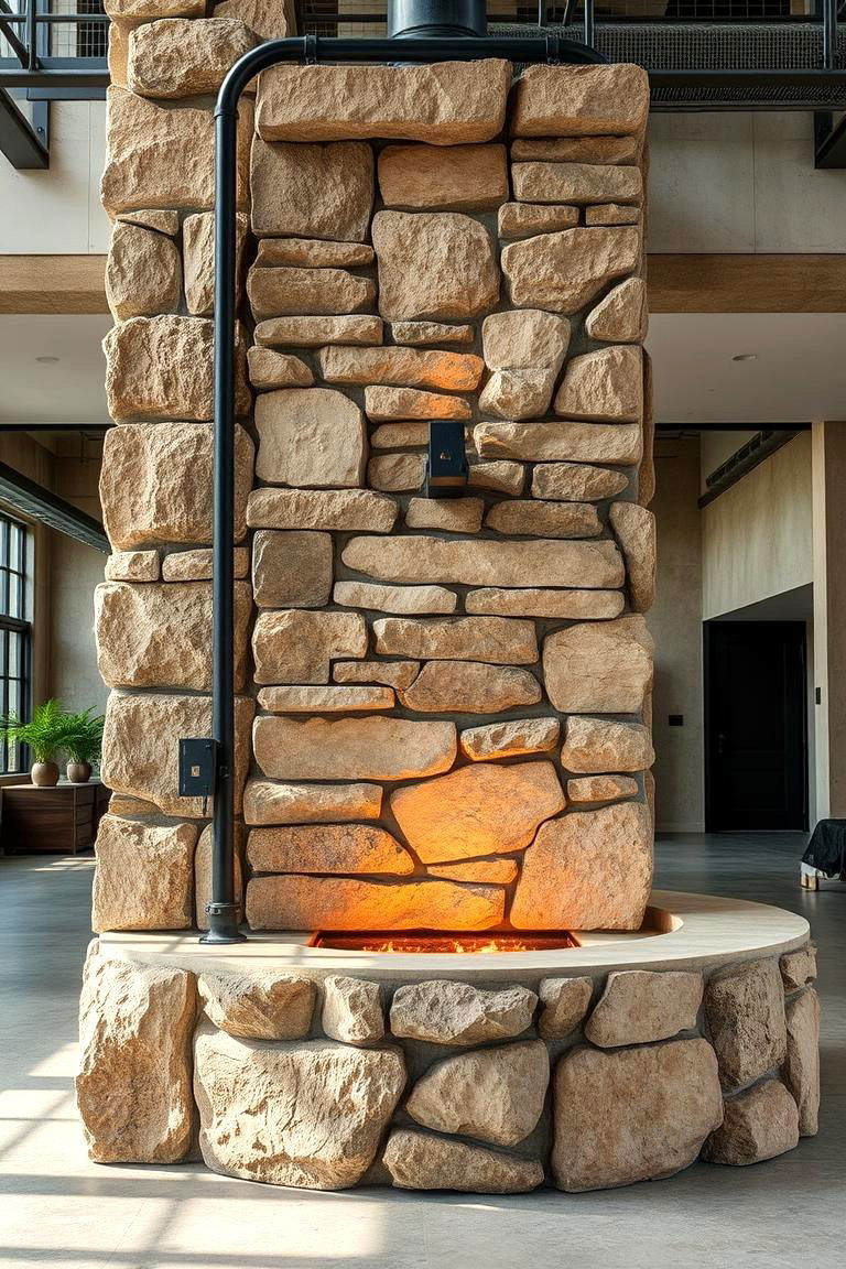 Warm Industrial Stacked Stone Feature - 24 Stacked Stone Fireplace Ideas