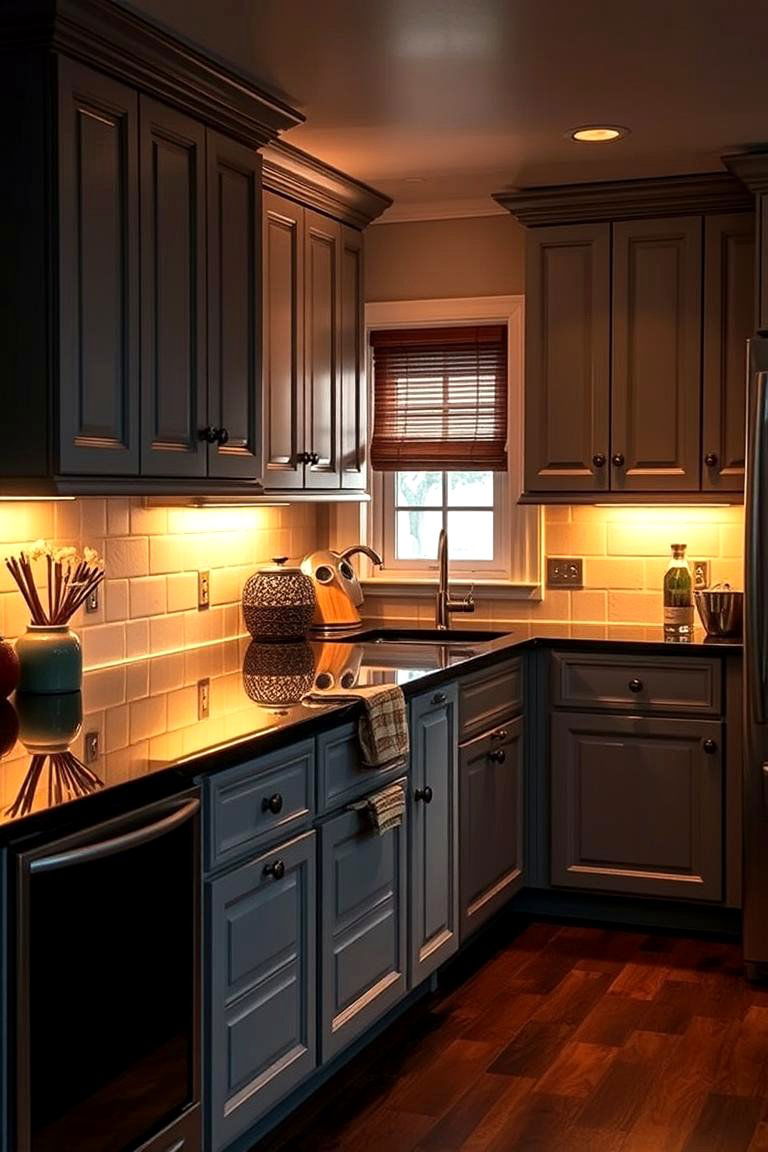 Warm Lighting Ambience - 24 Kitchen With Gray Cabinets And Black Countertops Ideas