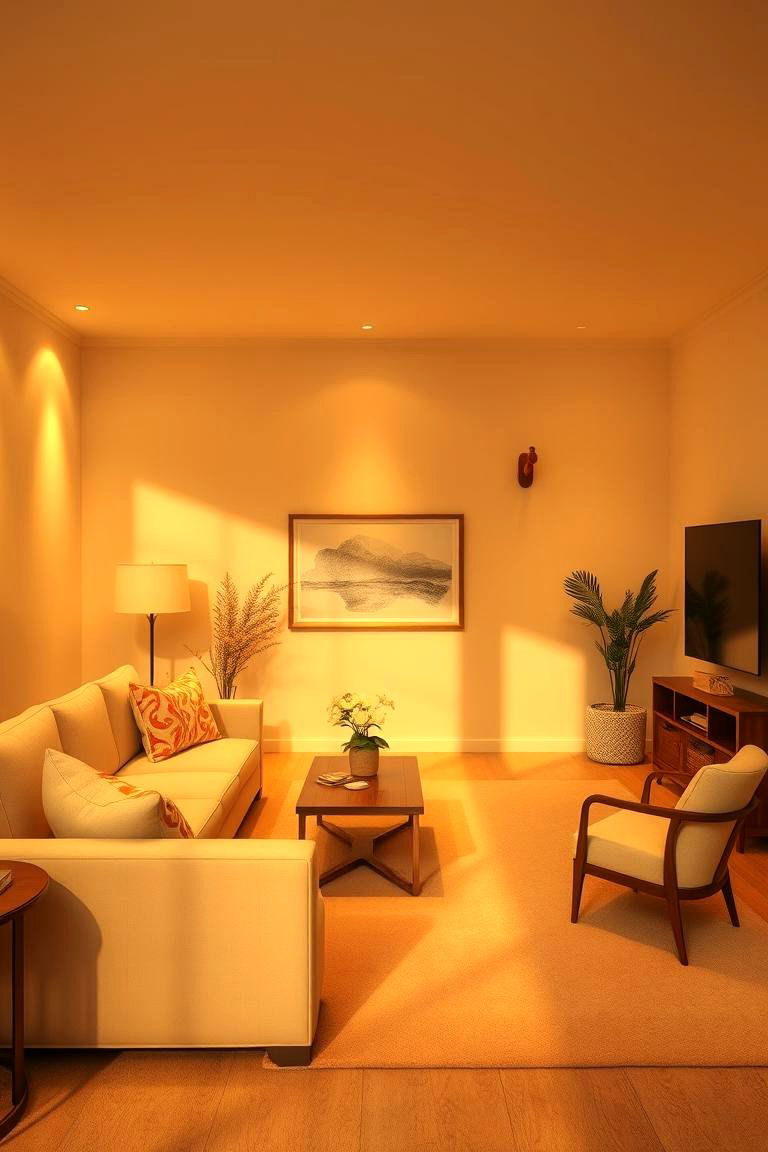 Warm Lighting and Cream Walls - 24 Cream Living Room Ideas