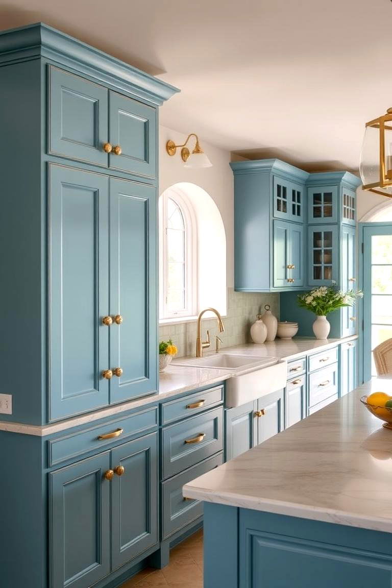 Warm Mediterranean Touch - 24 blue kitchen cabinets with gold hardware