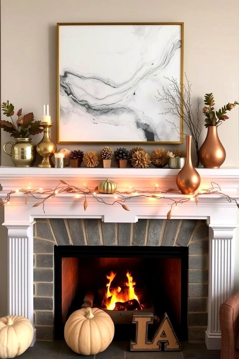 Warm Metallic Accents - 24 Fall Mantel Decor Ideas