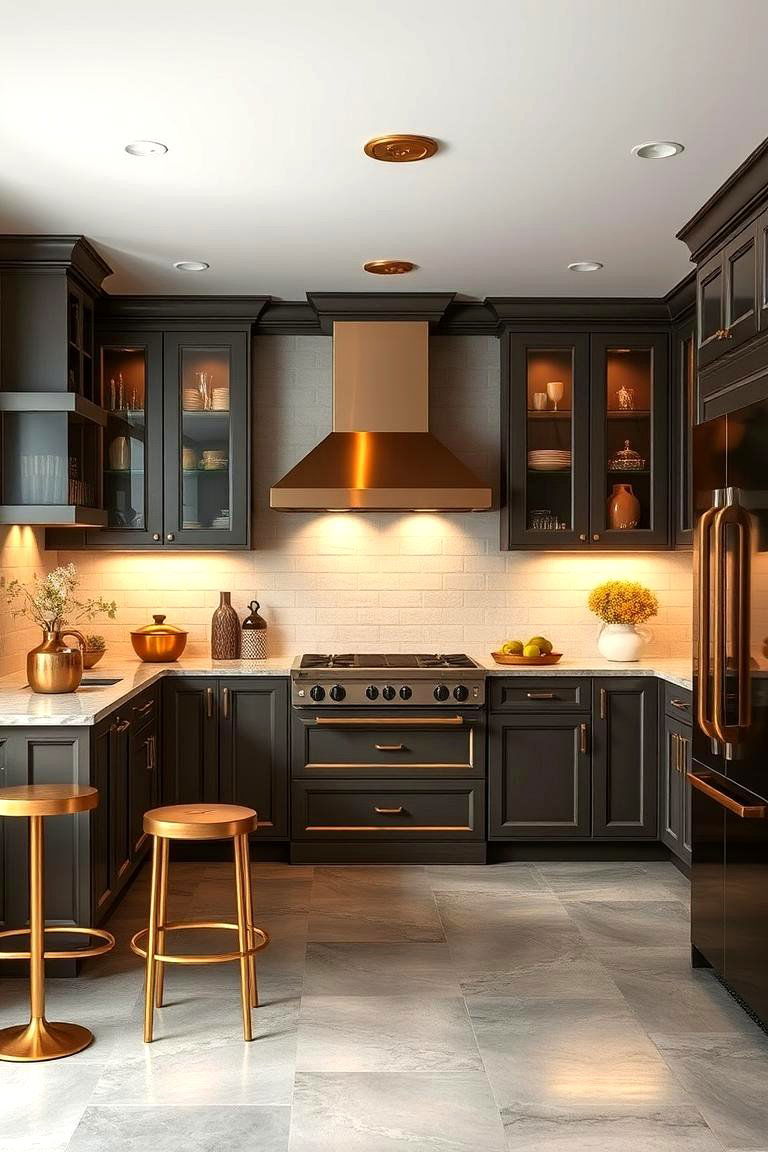 Warm Metallic Touches - 24 Kitchens With Grey Floors