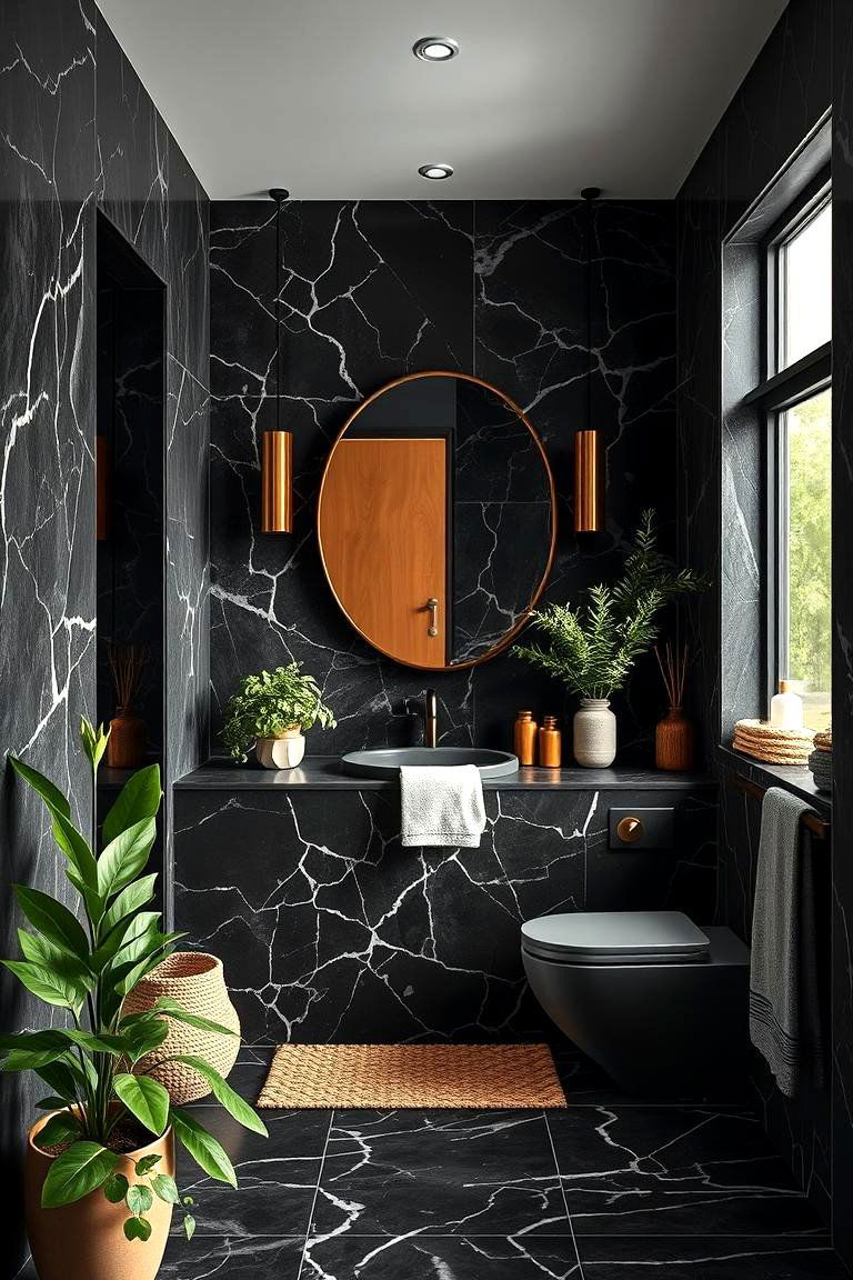 Warm Natural Accents - 24 Black Marble Bathrooms
