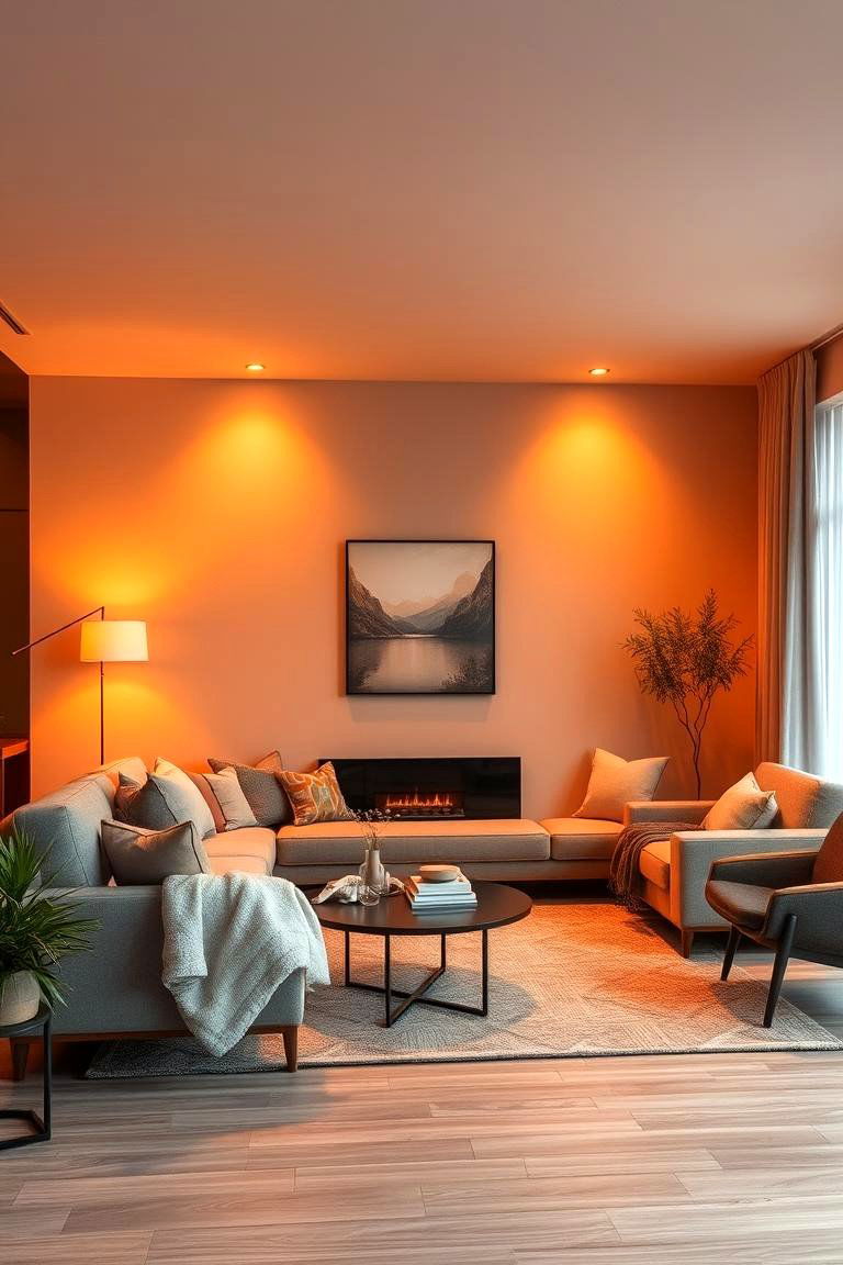Warm Orange Lighting with Soft Grey Tones - 24 Orange and Grey Living Room Ideas