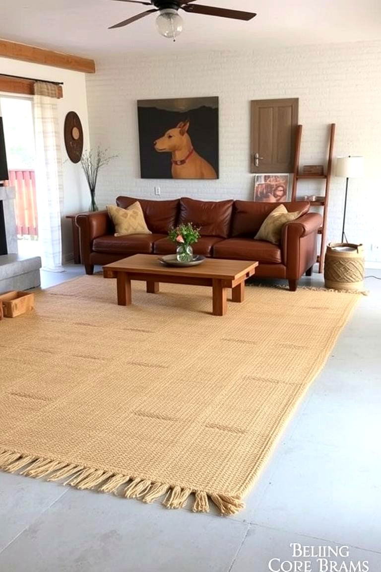 Warm Rug Embrace - 24 Rustic Concrete Floor Living Room Ideas