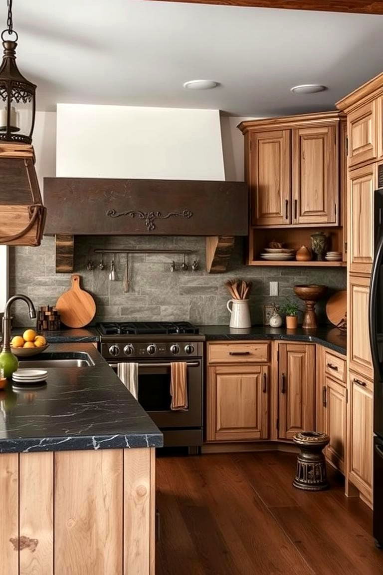 Warm Rustic Appeal - 24 kitchen with dark countertops and light cabinets