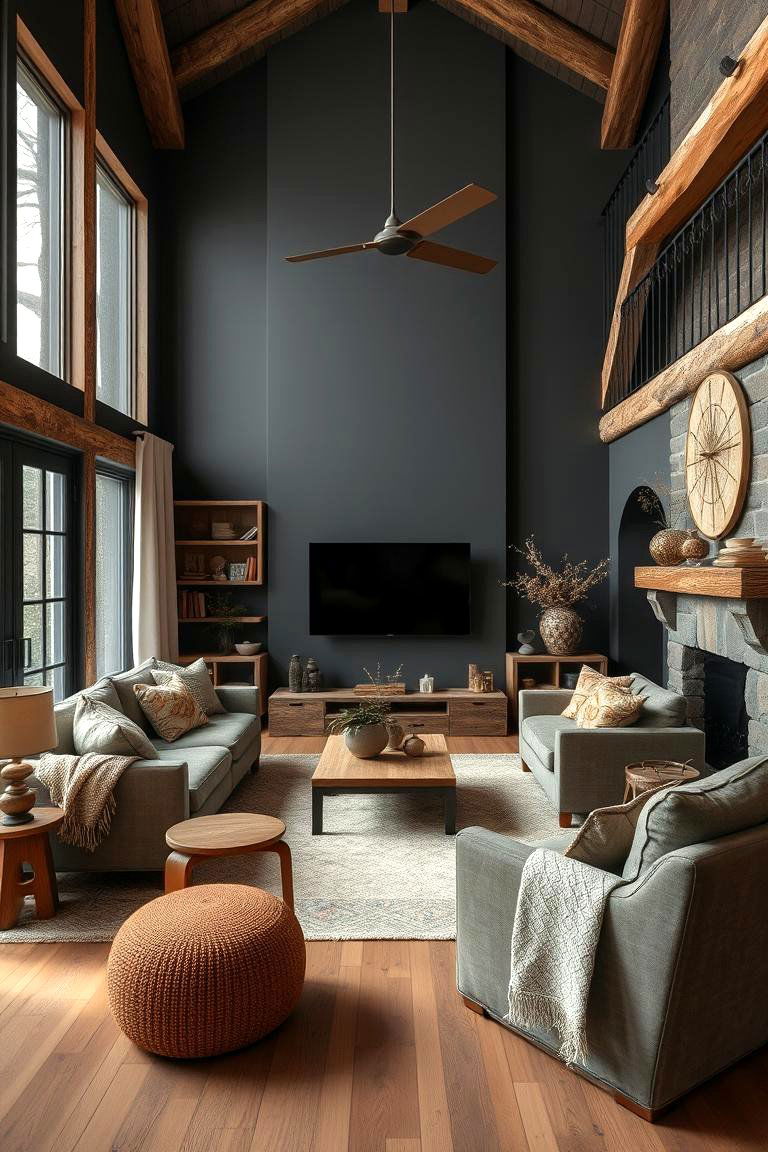 Warm Rustic Comfort - 24 Contrasting Living Rooms With Dark Grey Walls