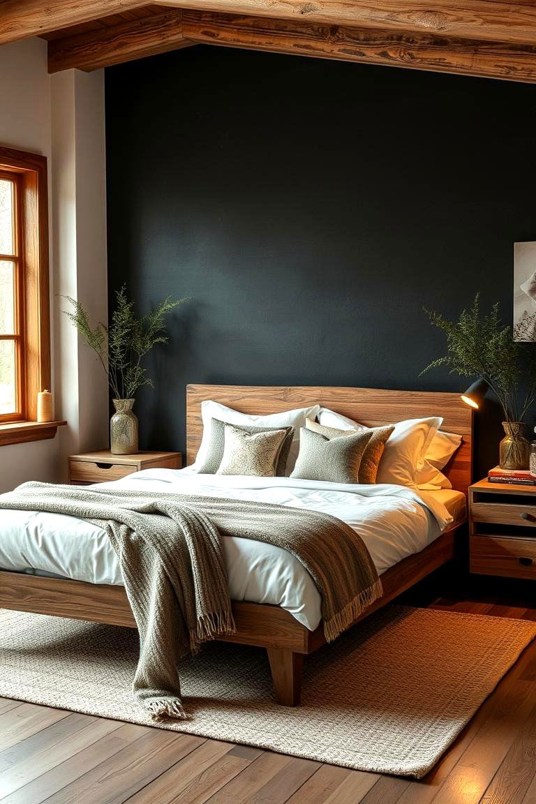 Warm Rustic Contrast - 24 Black Accent Wall Bedroom Ideas