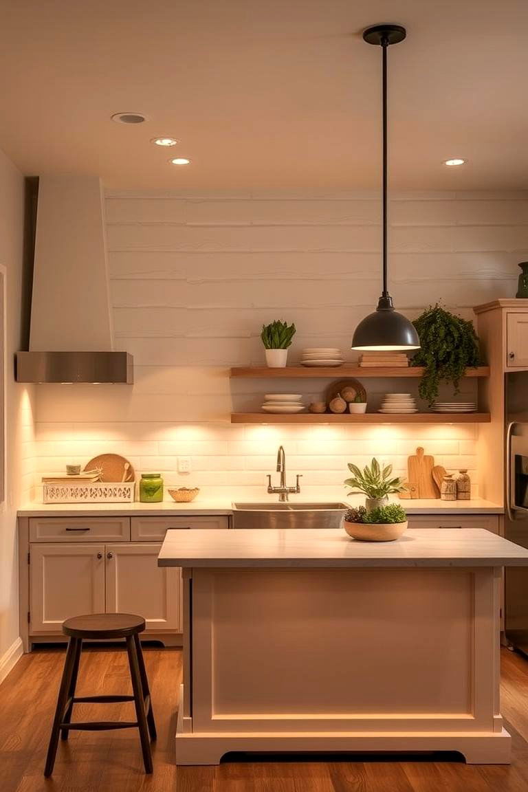 Warm Shiplap with Soft Toned Kitchen Island Lighting - 24 Kitchen Shiplap Ideas With Kitchen Island Ideas