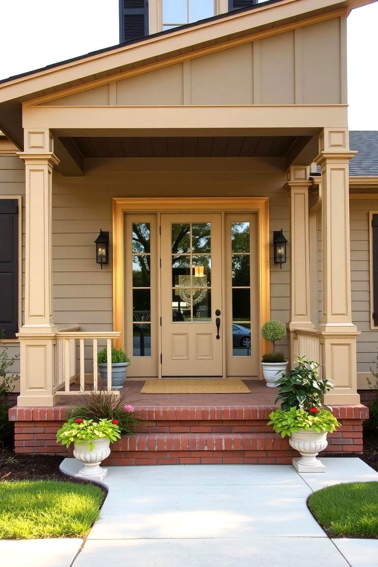 Warm Taupe and Golden Accents - 24 Exterior Garage Lighting Ideas