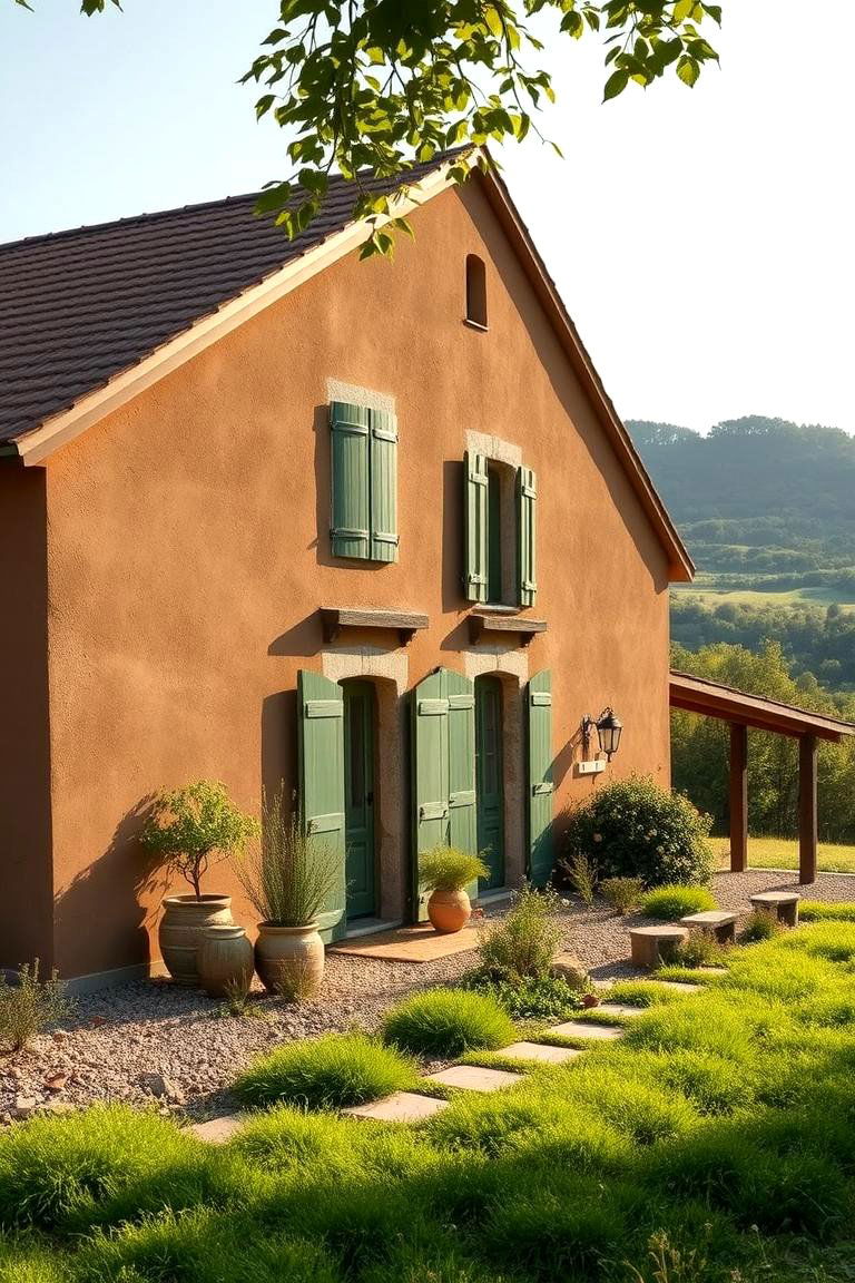 Warm Taupe with Soft Olive Green - 24 Exterior Home with a Black Roof Ideas