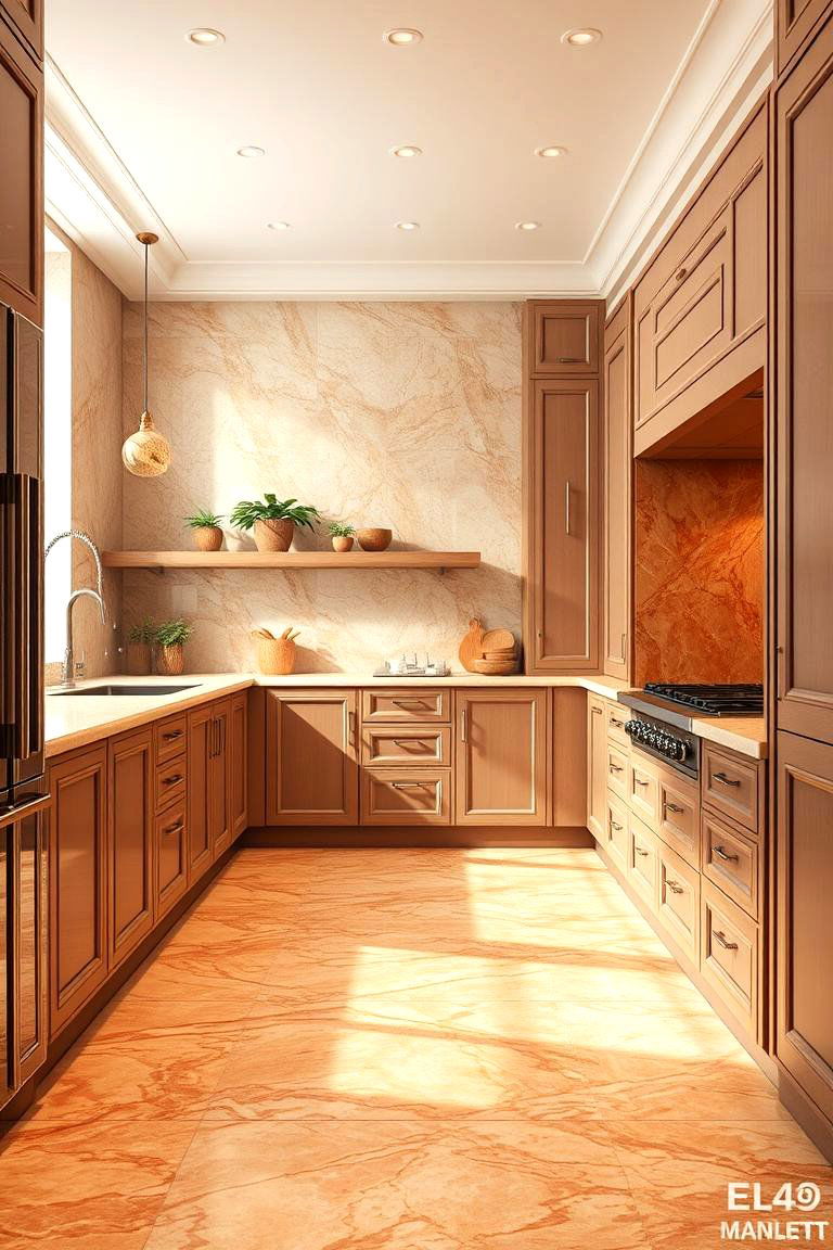 Warm Toned Marble Ambience - 24 Marble Kitchen Floor Ideas