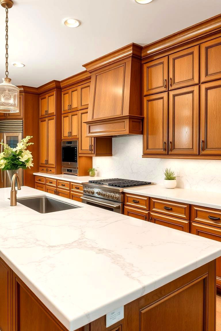 Warm White Quartzite - 24 what color countertops go with oak cabinets