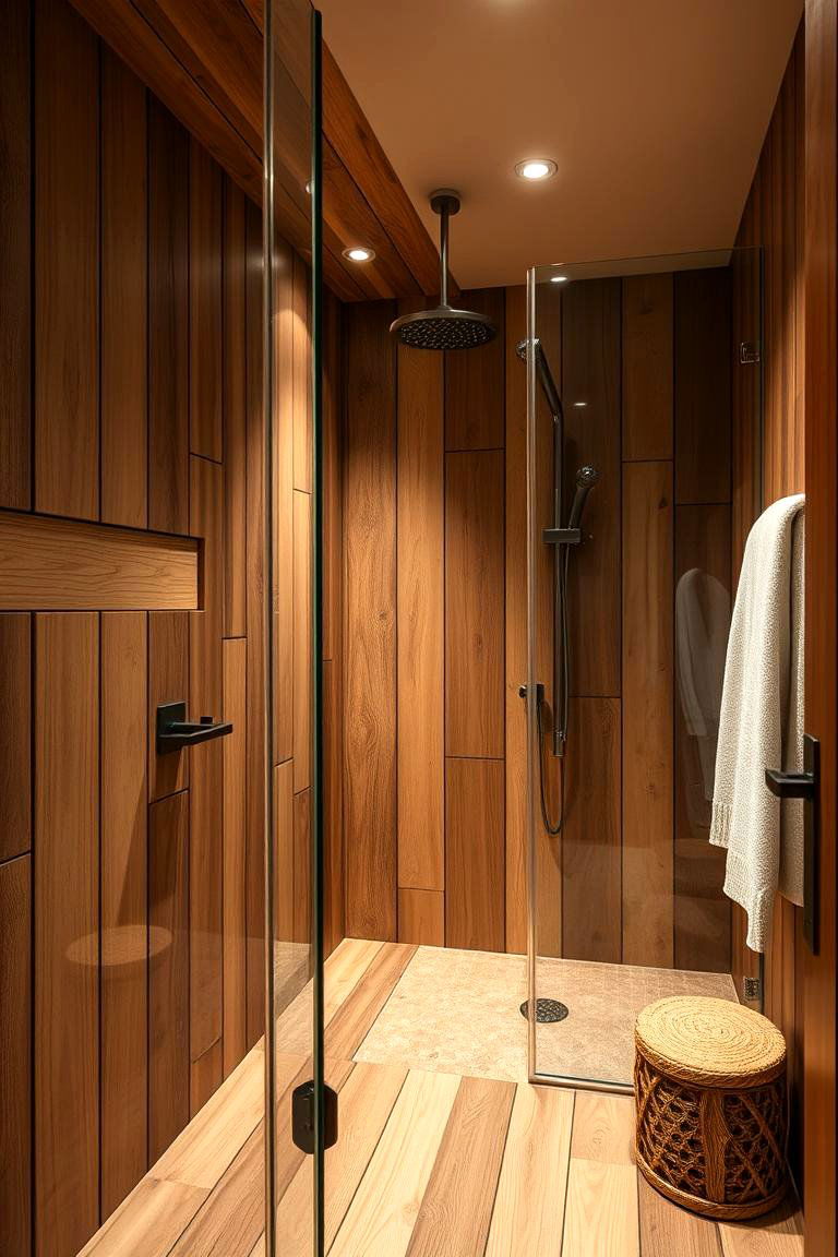 Warm Wood Accents - 24 Corner Shower Ideas