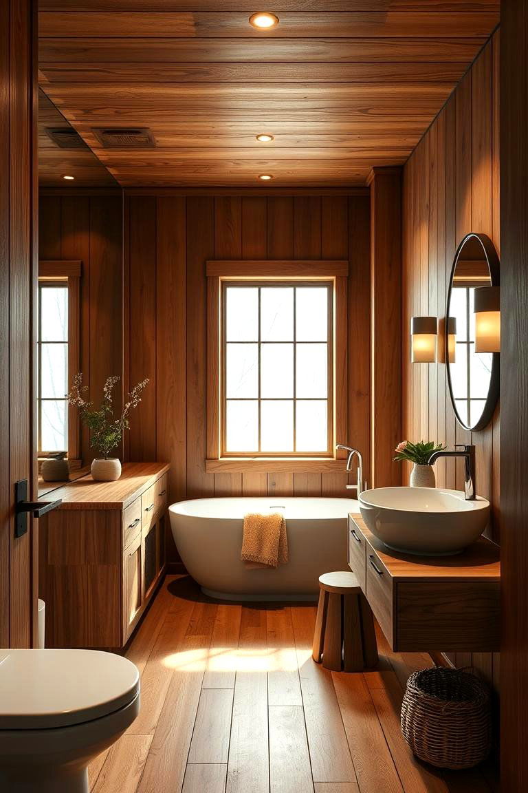 Warm Wood Accents - 24 Restaurant Bathroom Ideas