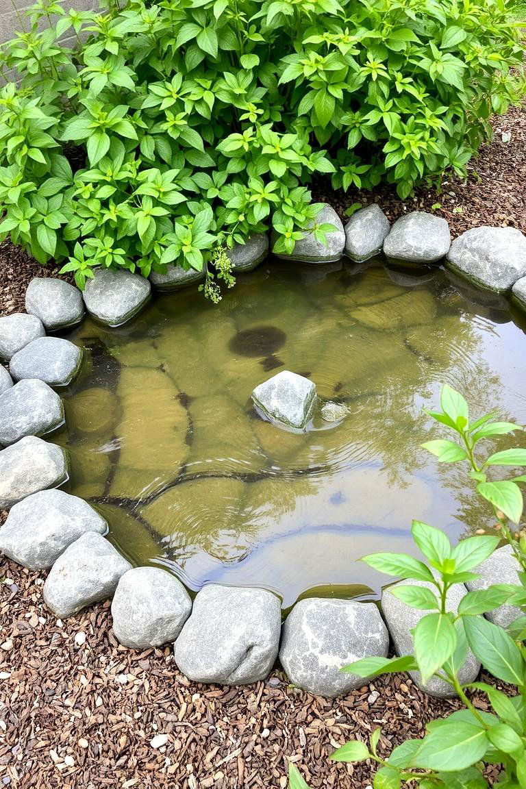 Water Feature Surrounded by Rocks and Mulch - 24 Front Yard Landscaping Ideas With Rocks and Mulch