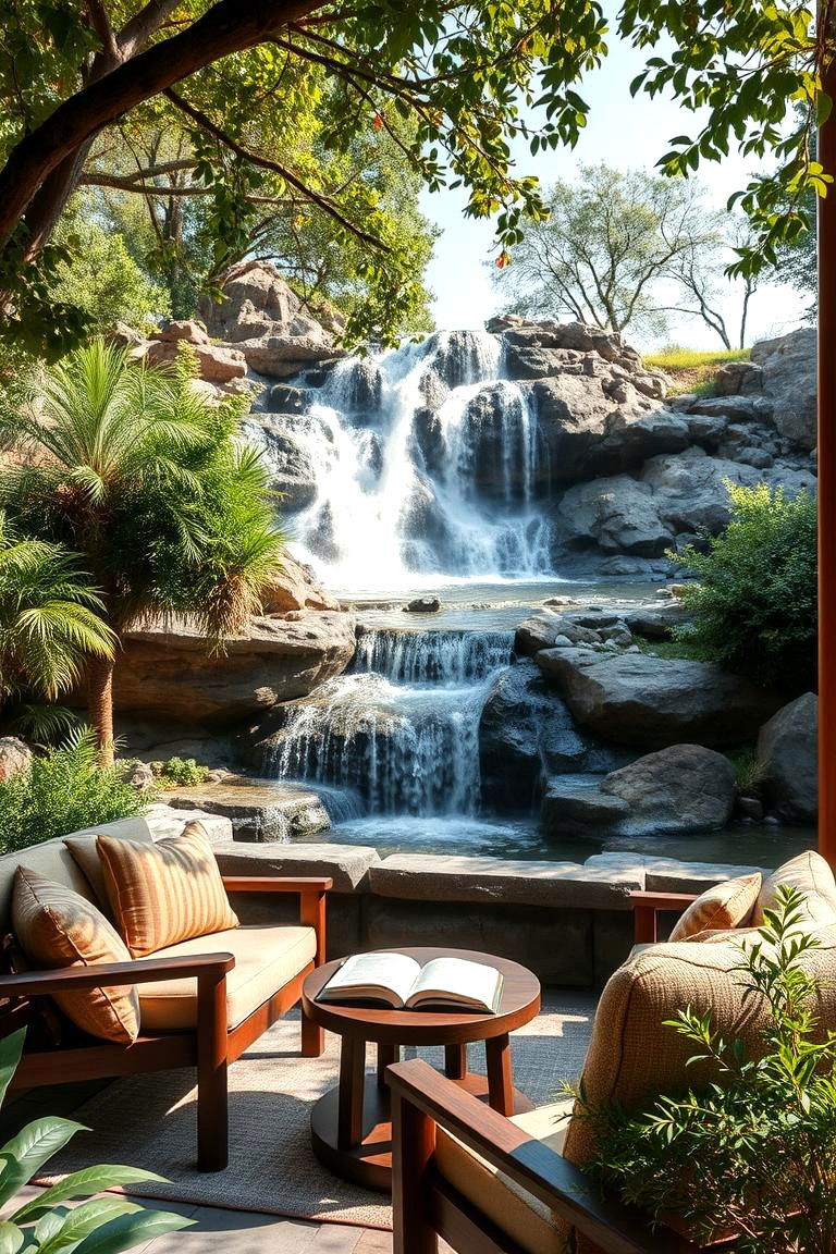Waterfall Background Reading Retreat - 24 Outdoor Reading Nook Ideas
