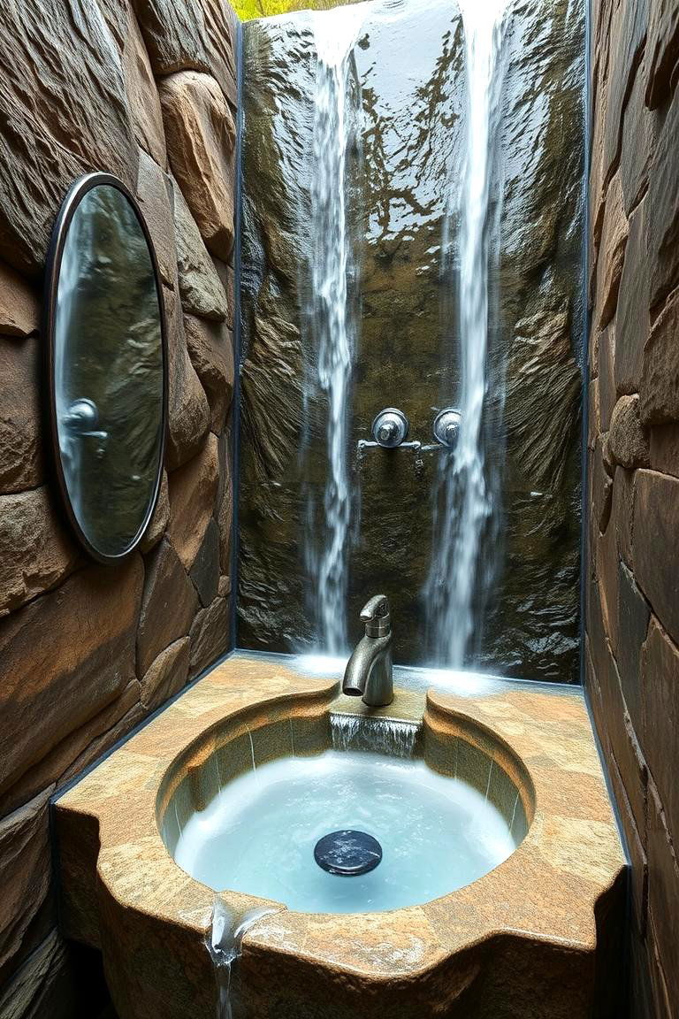 Waterfall Inspired Sink Feature Bathroom - 24 Rustic Outdoor Bathroom Ideas