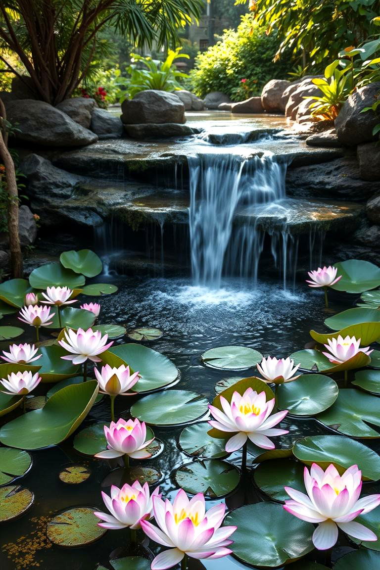 Waterfall and Pond with Lotus Flowers - 24 Small Pond Ideas With Waterfalls