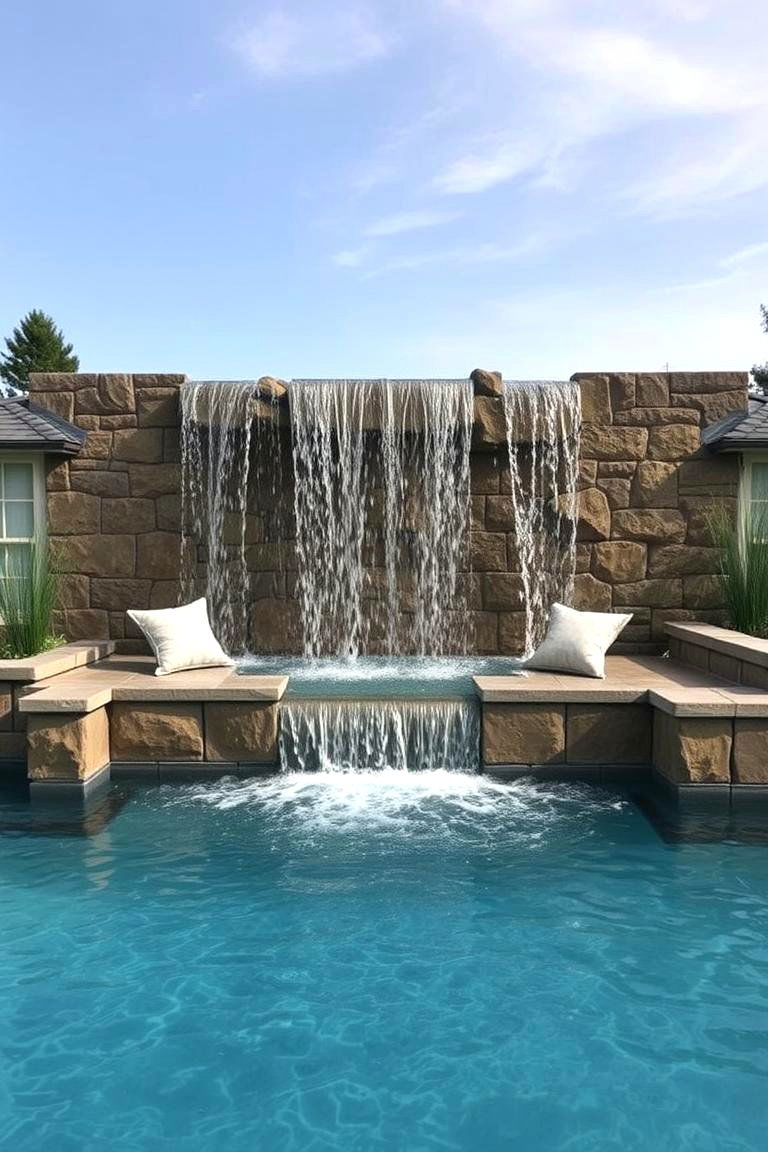 Waterfall with Built In Seating - 24 Small Pool Waterfall Ideas