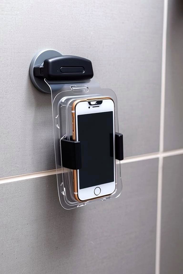 Waterproof Phone Holder with Adhesive - 24 Shower Storage Ideas