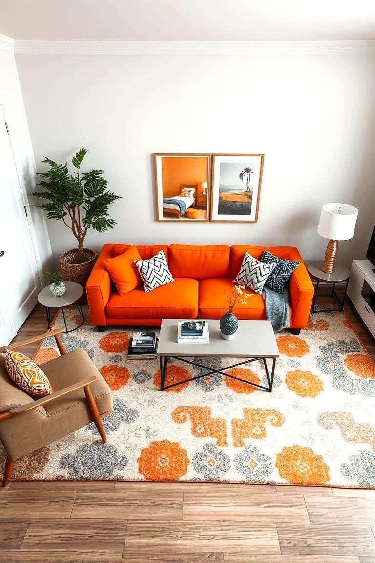 What about incorporating a patterned rug with orange accents - 24 Orange Couch Living Room Ideas