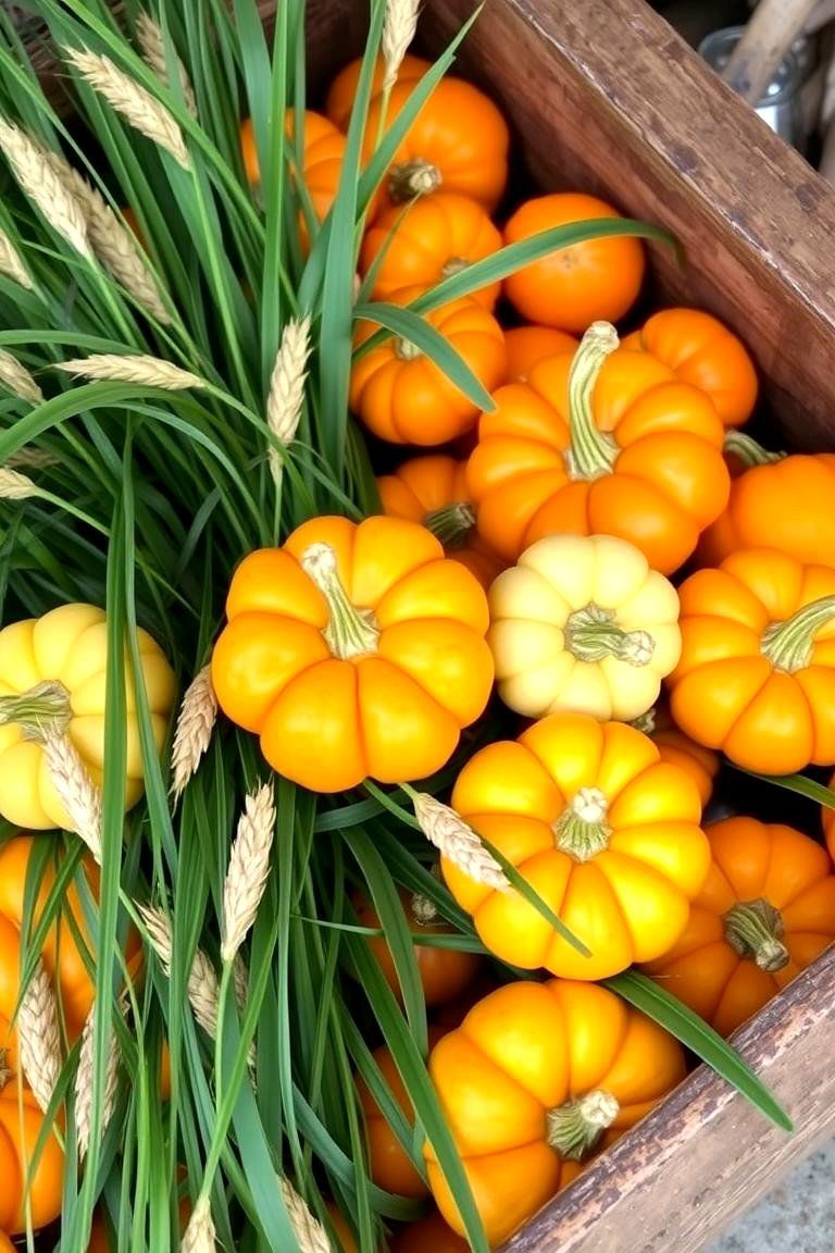Wheatgrass and Gourds Display - 24 Fall Planter Ideas