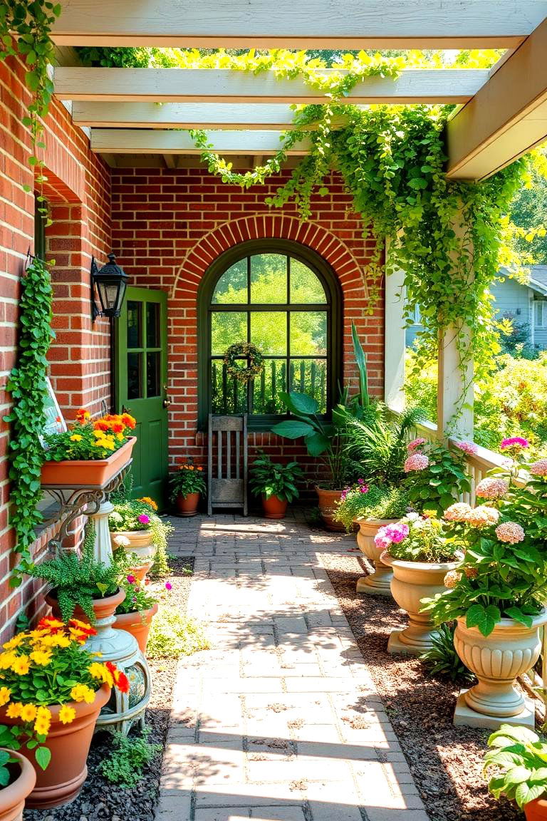 Whimsical Brick Porch Garden - 24 Brick Porch Ideas