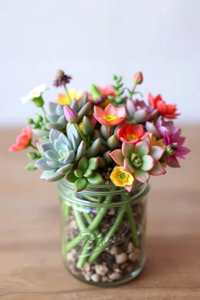 Whimsical Garden Succulent Accents and Flora - 24 Mason Jar Wedding Centerpieces