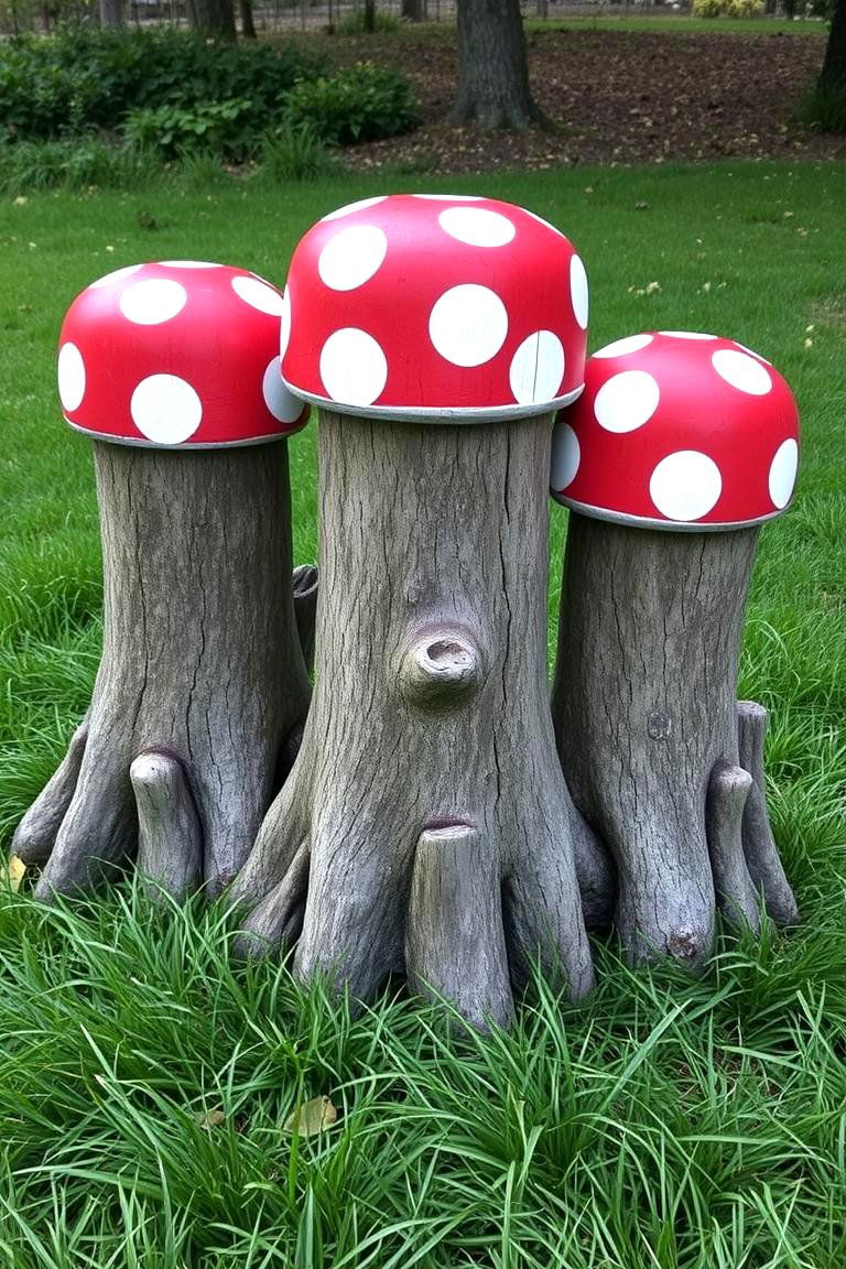 Whimsical Mushroom Cluster - 24 Tree Stump Decorating Ideas