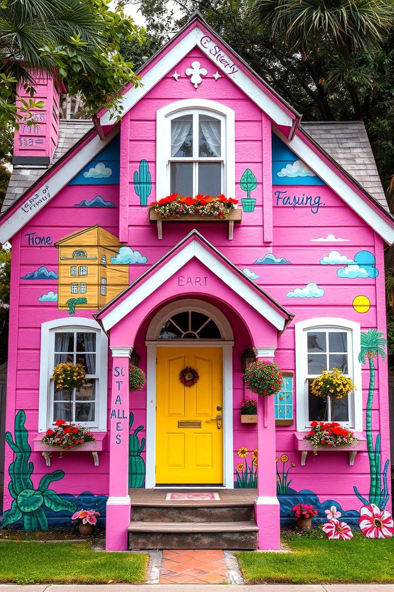 Whimsical Pink with Custom Murals - 24 Pink House Exterior Ideas
