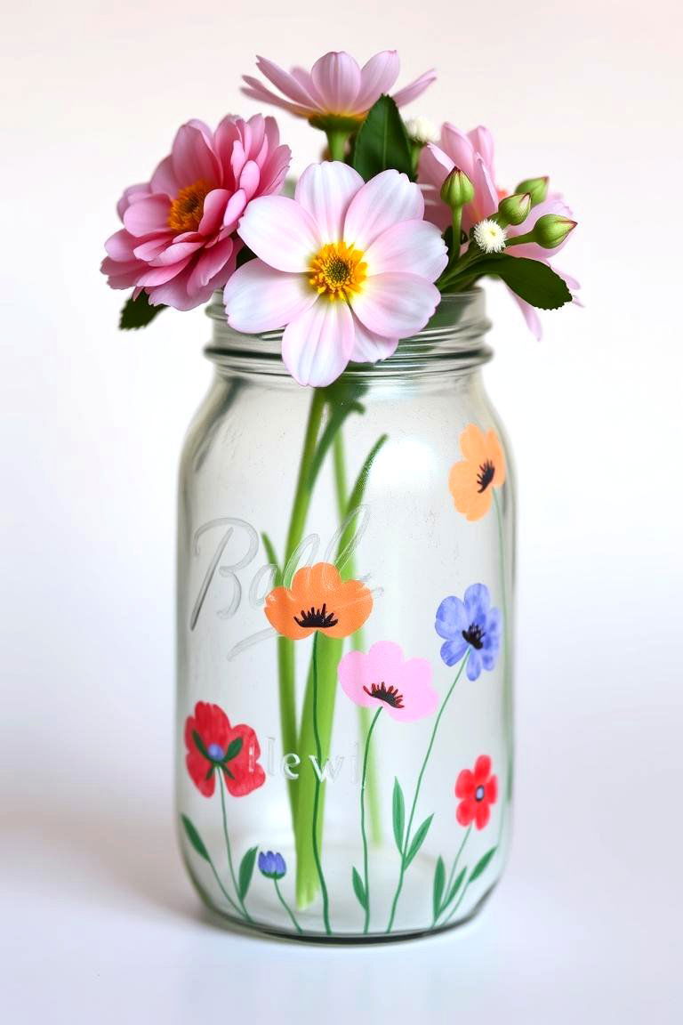 Whimsical Watercolor Painted Jars and Floral Artistry - 24 Mason Jar Wedding Centerpieces