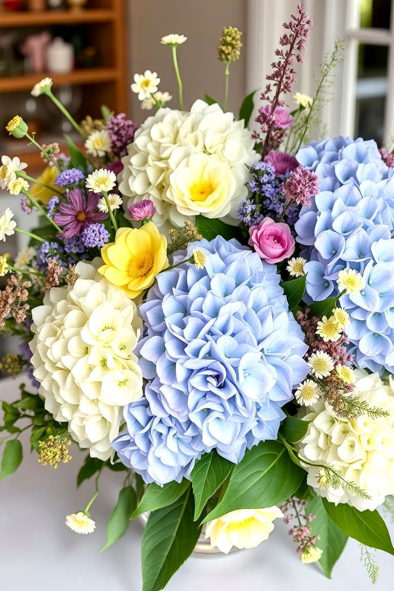 Whimsical Wildflower Hydrangea Display - 24 Hydrangea Centerpiece Ideas