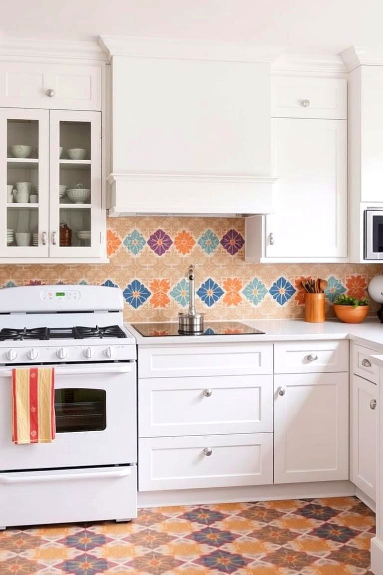 White Appliances With Bold Backsplash - 24 Kitchen With White Appliances Ideas