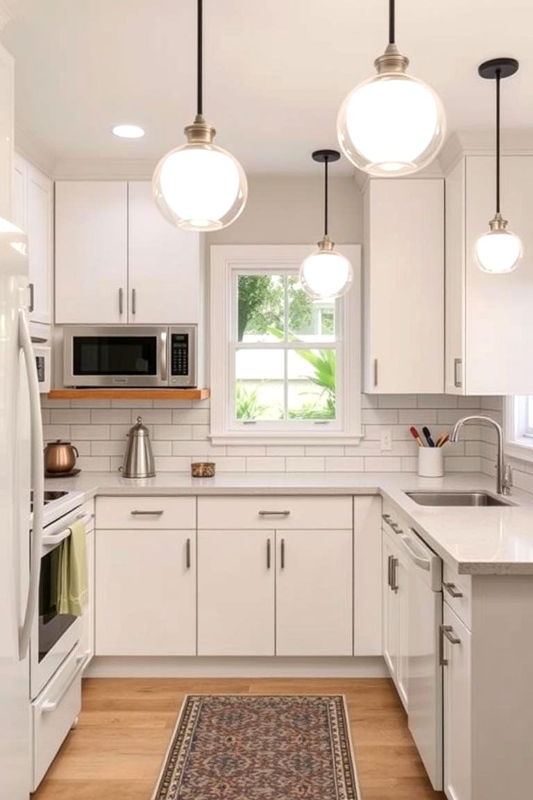 White Appliances With Statement Lighting - 24 Kitchen With White Appliances Ideas