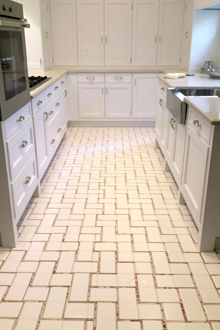 White Basketweave Tile Pattern - 24 White Kitchen Floor Ideas