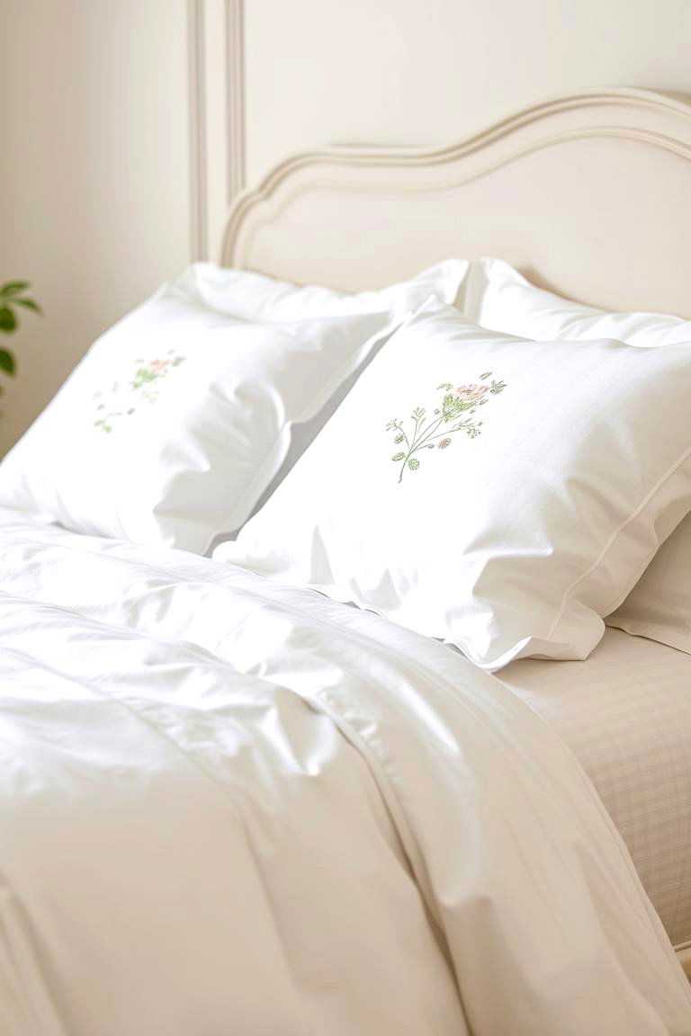 White Bed with Green Embroidered Details - 24 Green and White Bedroom Ideas