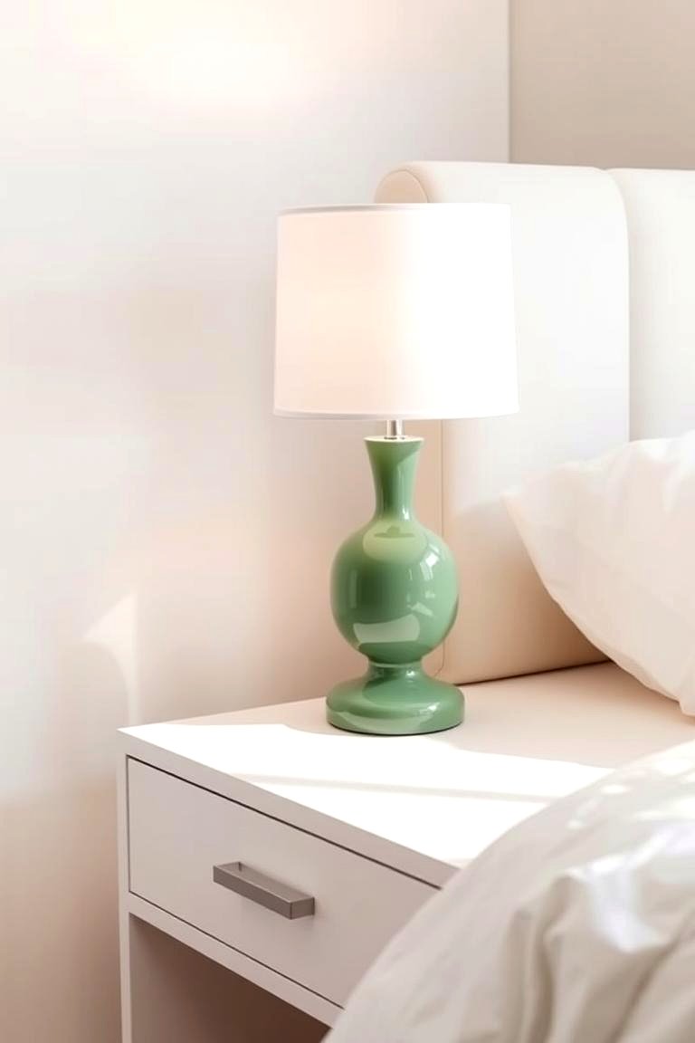 White Bedside Table with a Green Table Lamp - 24 Green and White Bedroom Ideas