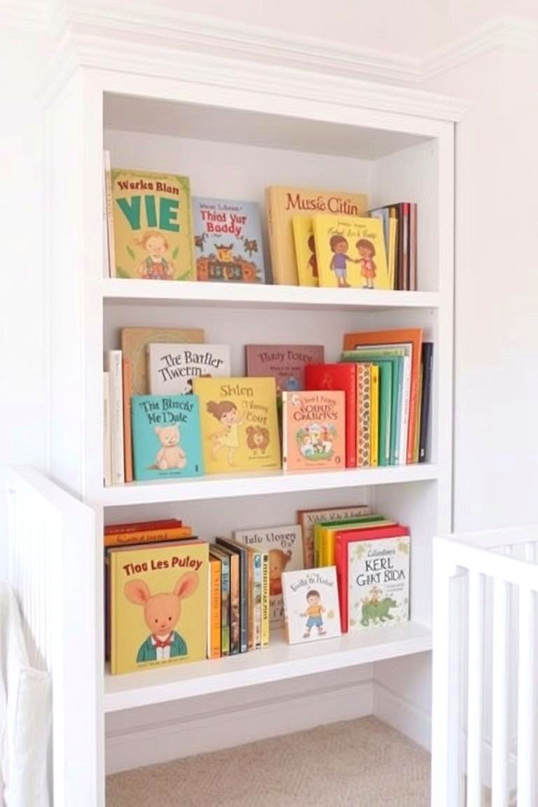 White Bookshelf with Colorful Books - 24 White Nursery Ideas