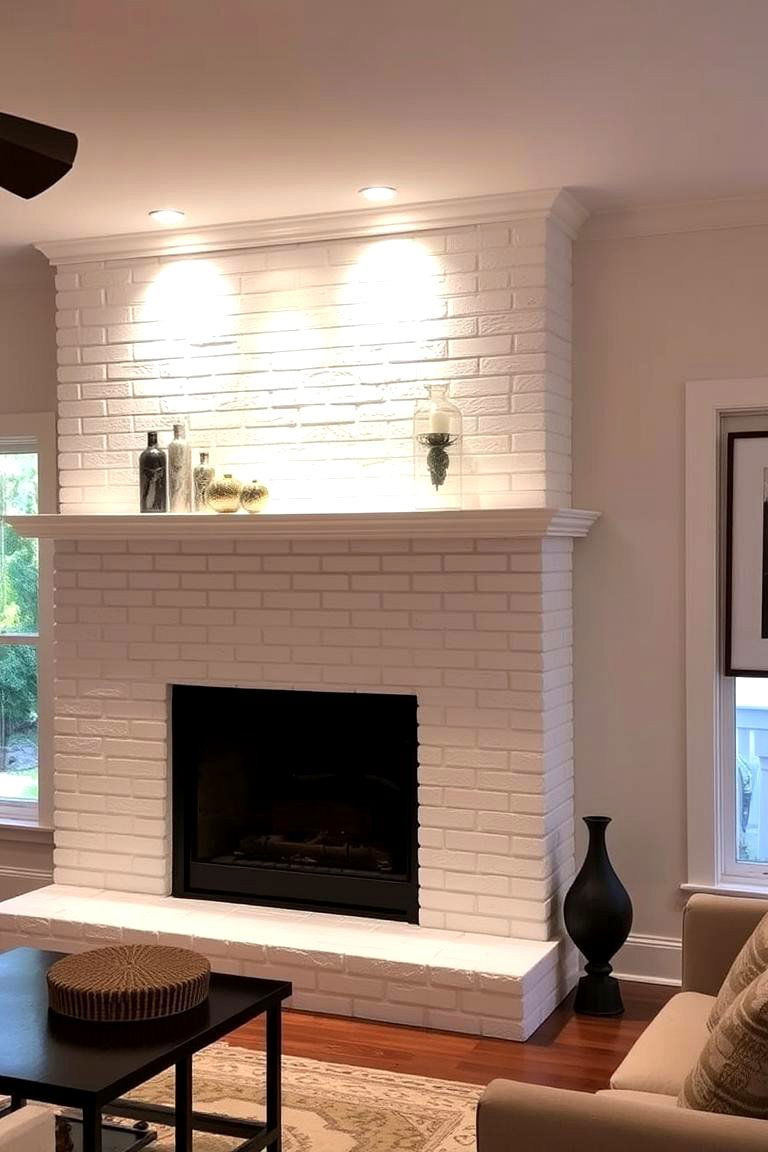 White Brick Fireplace with Ambient Lighting - 24 White Brick Fireplace Ideas
