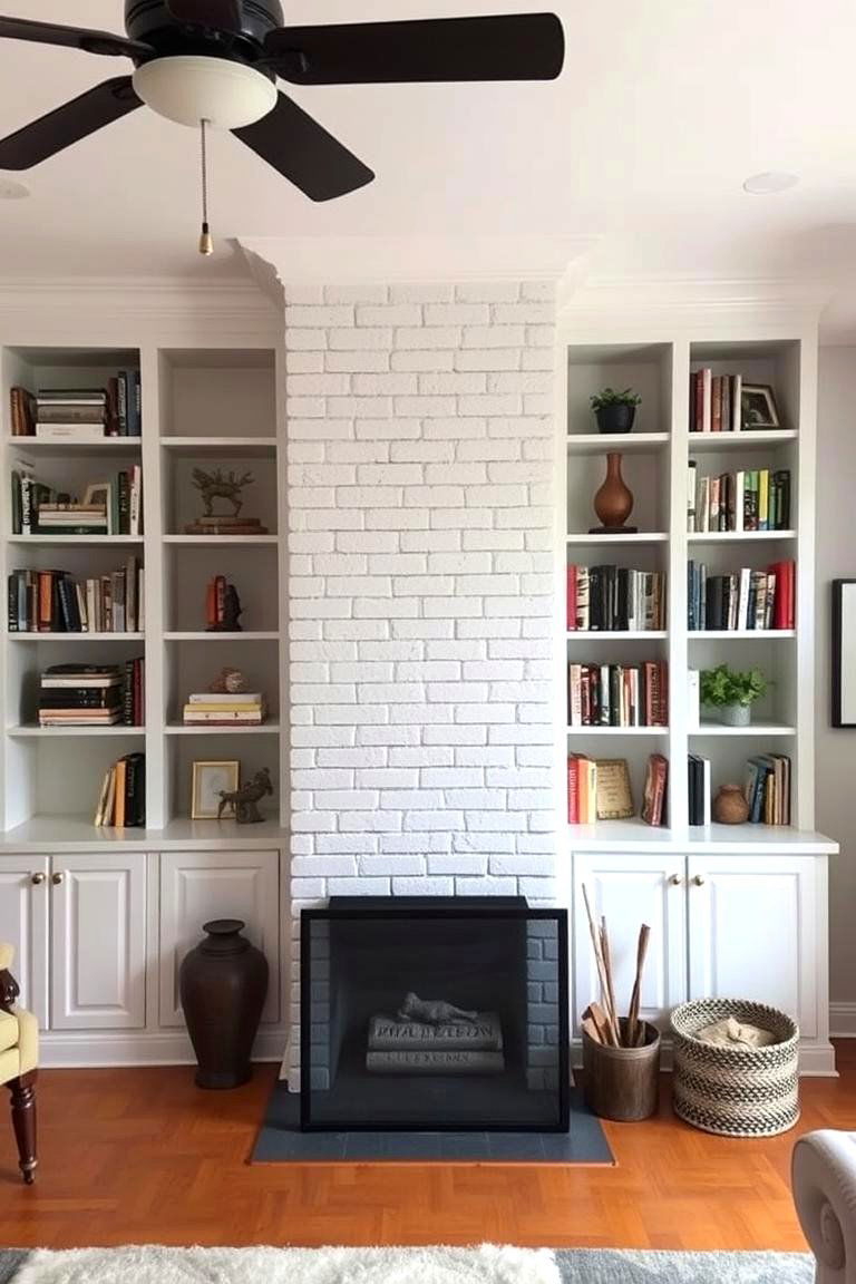 White Brick Fireplace with Built in Shelving - 24 White Brick Fireplace Ideas